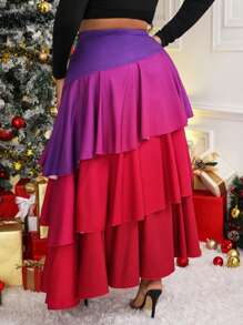 Slaydiva Plus Size Women's High Waist Patchwork Multi-Layer Ruffle Gradient Color Midi Skirt, Fashionable - Multicolor - View 8