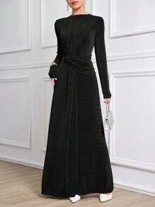 Modelyn Women's Extra Long Modest Ruched Elegant Knit Dress Long Evening Dresses - Black - View 3