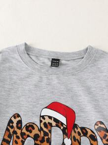 1pc Women's Black Christmas Hat With Leopard Print & Text, Fashionable Crew Neck Thermal Lined Warm Sweatshirt, Family Matching Mommy And Me (4 Pieces Are Sold Separately) Pullover Fall - Light Grey - View 3