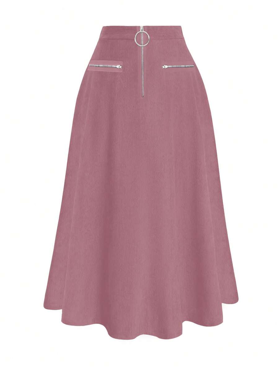 SHEIN Clasi Plus Size Elegant Zipper Closure Loose A-Line Skirt, Autumn - Pink - View 1