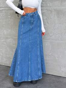 SHEIN High Waist Sewing Detailed Denim Skirt