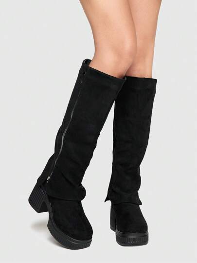 Grunge Punk Women's Black Thigh High Boots, Chunky Heel Side Zipper Western Boots, Platform Goth Punk Knee High Riding Boots New Year Holiday