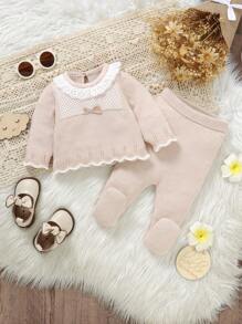 SHEIN Newborn Baby Ruffled Collar Sweater And Knitted Pants Casual Outfit Set - Apricot - View 1