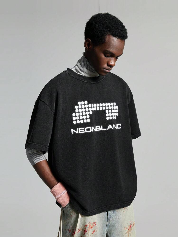 Men's Round Neck Letter Print Dropped Shoulder Short Sleeve Knit Baseball T-Shirt