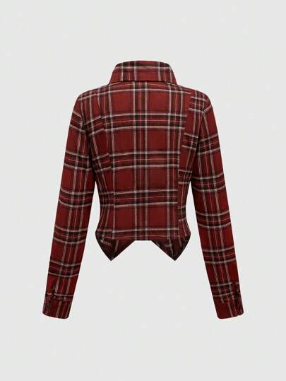 Punk Goth Y2K College Plaid Frill Zip Up Long Sleeve Shirt