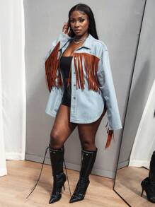 SHEIN Slayr Women's Fashionable Color Block Fringe Decorated Denim Jacket For Autumn - Blue - View 5