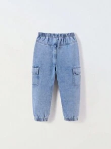 SHEIN 年輕男孩復古休閒街頭風鬆身舒適彈性腰帶束口牛仔貨物褲 - 淺色水洗藍 - 查看 2