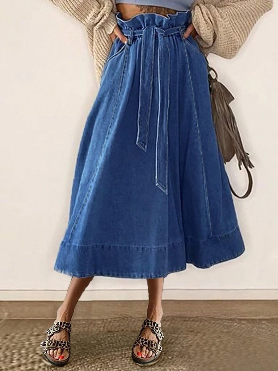 女士蕾丝腰带纸袋腰牛仔半身裙 - 中等水洗藍 - 查看 1