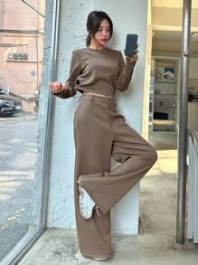 DAZY Solid Color Round Neck Cropped Sweatshirt And Wide Leg Pants 2 Pieces Set For Women,Fall Clothes - Brown - View 10