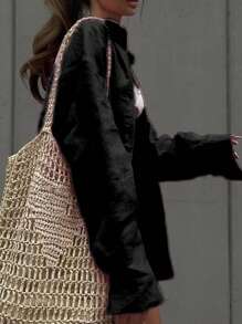 INAWLY 2pcs/Set Women Front Button Long Sleeve Top And Shorts, Minimalist Style - Black - View 6