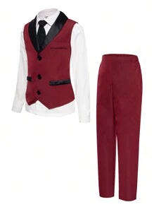 SHEIN 2pcs/Set Tween Boy Wedding Pageboy Formal Attire, Piano Performance Vest And Pants Gentleman Suit Set. Suitable For New Year Wear, Fashionable And Celebratory, Fit For Banquet, Dinner, Hosting, Party, Performance, Business - Burgundy - View 1