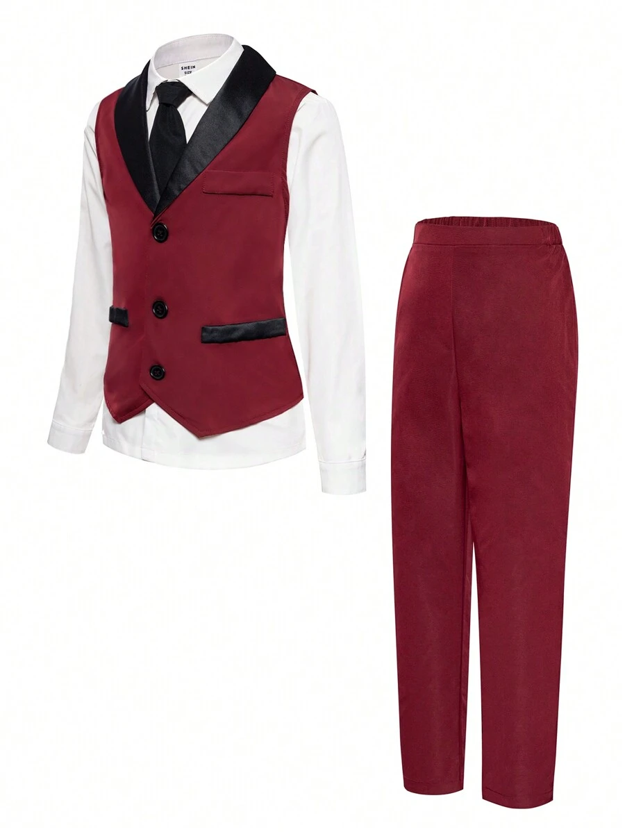 SHEIN 2pcs/Set Tween Boy Wedding Pageboy Formal Attire, Piano Performance Vest And Pants Gentleman Suit Set. Suitable For New Year Wear, Fashionable And Celebratory, Fit For Banquet, Dinner, Hosting, Party, Performance, Business - Burgundy - View 1