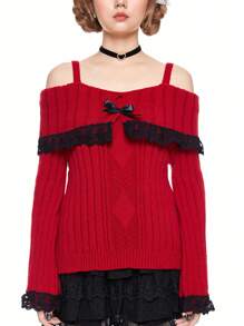 ROMWE Kawaii Women's Open Shoulder Lace & Bow Decorated Long Sleeve Pullover Sweater, Autumn/Winter - Burgundy - View 2