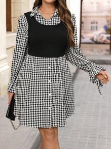 SHEIN Clasi 2 件套大码千鸟格图案衬衫裙搭配黑色吊带背心，秋冬季商务通勤装