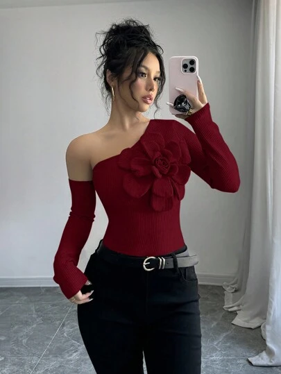 Selianne 女士优雅 3D 花朵装饰斜肩长袖 T 恤，秋冬