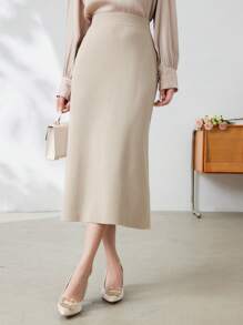 DAZY Solid Color Women Casual Pullover Sweater Mid-Length Skirt,Fall Clothes - Apricot - View 7