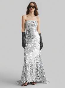 Ontre 2025 春季亮片女式长裙，女式银色串珠细肩带美人鱼礼服，适合婚礼派对 - 銀色 - 查看 1