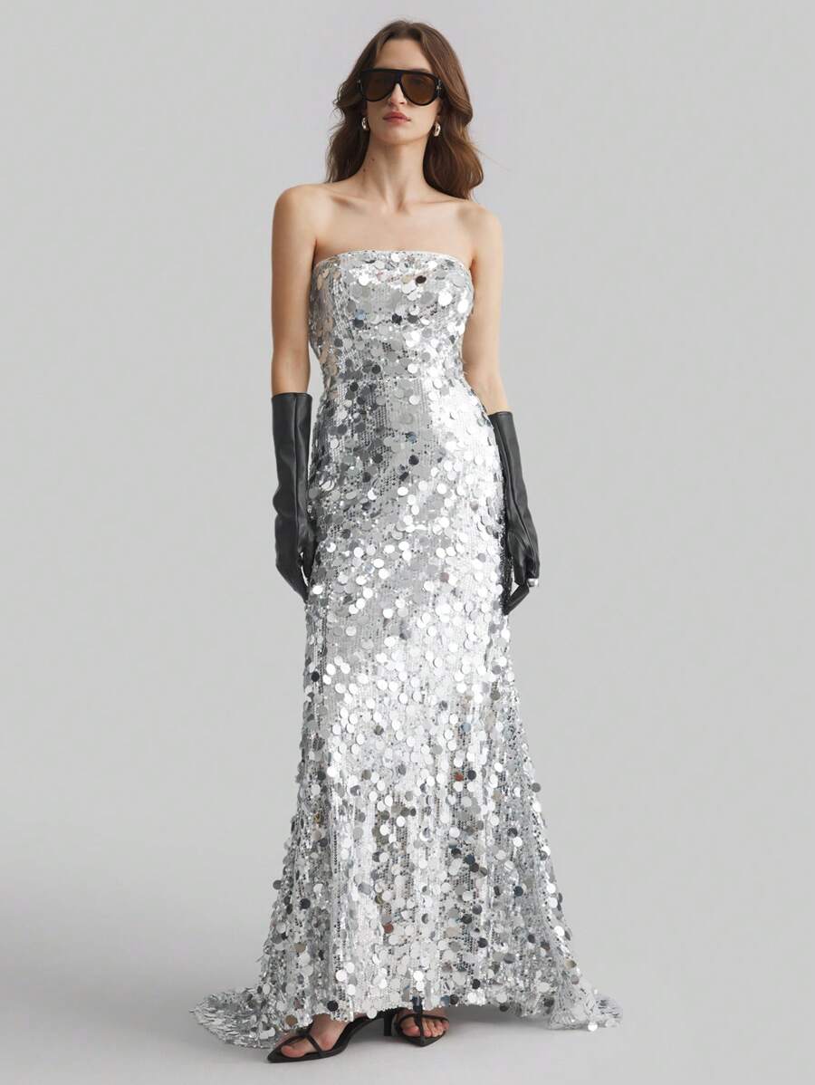 Ontre 2025 春季亮片女式长裙，女式银色串珠细肩带美人鱼礼服，适合婚礼派对 - 銀色 - 查看 1