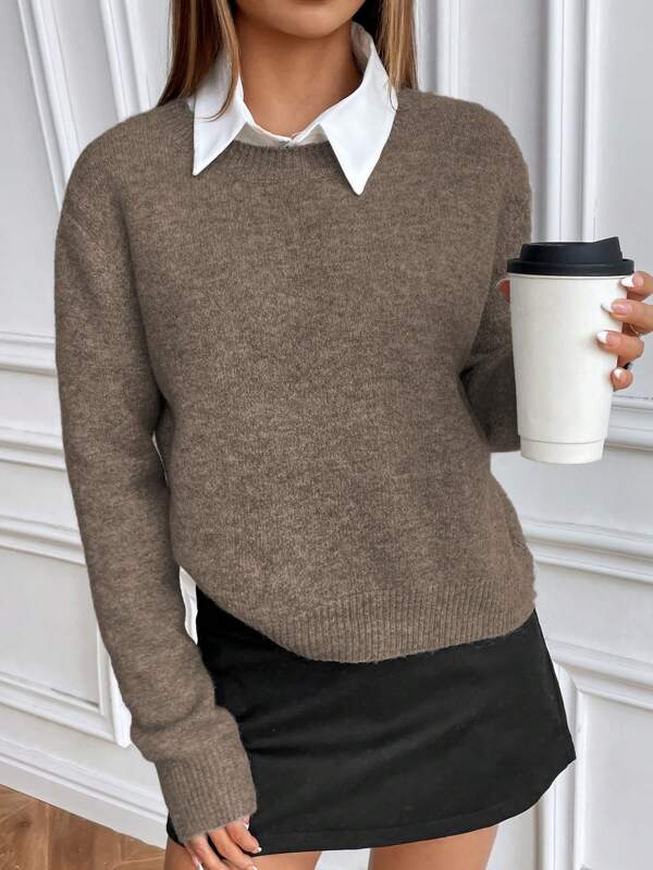 Calvaya Casual Style Solid Color Crew Neck Long Sleeve Knitted Sweater Fall Winter