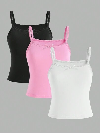 SHEIN 3pcs/Set Tween Girls Lace Trim Bow Decor Stretchy Tank Topsholiday,Summer,Travel,Getaway
