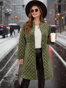 SHEIN Clasi Chaqueta elegante acolchada de terciopelo con botones y bolsillos, adecuada para otoño/invierno, tallas grandes