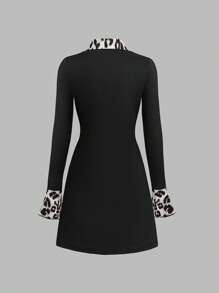 Chiquease Leopard Print Splicing Turndown Collar Casual Ribbed 2 In 1 Dress With Long Sleeves - Multicolor - View 2