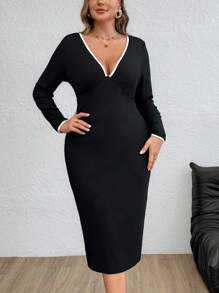 SHEIN Privé Plus Size Women Elegant Chic Commuter Versatile Black & White Splice V-Neck Long Sleeve Bodycon Dress - Black - View 2