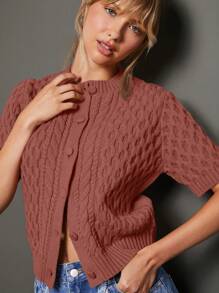 WESTFADE 夏季麻花针织圆领前扣短袖休闲开衫