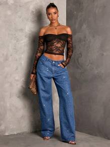 SHEIN BAE Quần Jeans Ống Thẳng Gợi Cảm Cho Nữ, Quần Lấp Lánh Cho Nữ, Quần Jeans Rộng Cho Nữ, Quần Jean Dự Tiệc Cho Nữ, Quần Dự Tiệc Giáng Sinh Cho Nữ, Quần Sequin, Quần Jeans Dự Tiệc Cho Nữ, Quần Dự Tiệc Giáng Sinh - Rửa tối - Xem 4