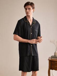 EverLounge Men's Polka Dot Print Stand Collar Short Sleeve Single-Breasted Top And Shorts Pajama Set - Multicolor - View 1