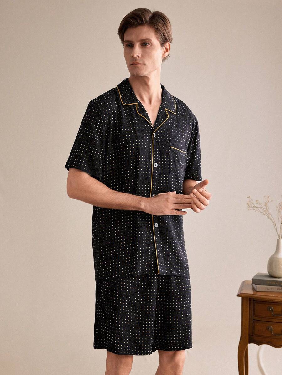 EverLounge Men's Polka Dot Print Stand Collar Short Sleeve Single-Breasted Top And Shorts Pajama Set - Multicolor - View 1