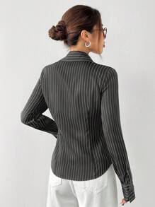 SHEIN EZwear 女士灰色编织条纹长袖单扣休闲衬衫 - 灰色 - 查看 2