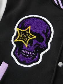 PAVTROS Manfinity Streetrush 男士青春街头风 INS 黑紫配色骷髅哥特字体 3D 刺绣多元素印花棒球领夹克，秋冬男士嘻哈风外出时尚印花棒球长袖撞色夹克，送给朋友、丈夫、男友的礼物，保暖内衬夹克 - 彩色 - 查看 3