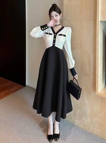 DAZY Vestido de mujer con cuello en V, recorte de color block y largo hasta la pantorrilla, vestido de manga larga para otoño