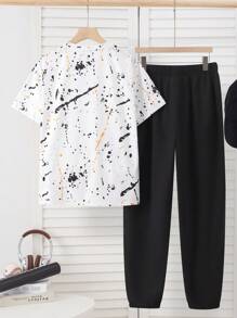 SHEIN 2pcs/Set Teen Boy Casual Streetwear Sporty Chic Splatter Paint Design White Short Sleeve T-Shirt And Black Pants Outfit Set - Multicolor - View 2
