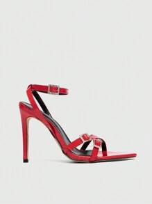 CUCCOO SZL Sexy Fashion Cross Strap With Rhinestone Buckle Decor Pointed Toe Stiletto High Heel Casual Versatile Open Toe Red Sandals For Women, Sexy For Date, Party For Christmas And New Year Holiday Vibe Fall And Winter