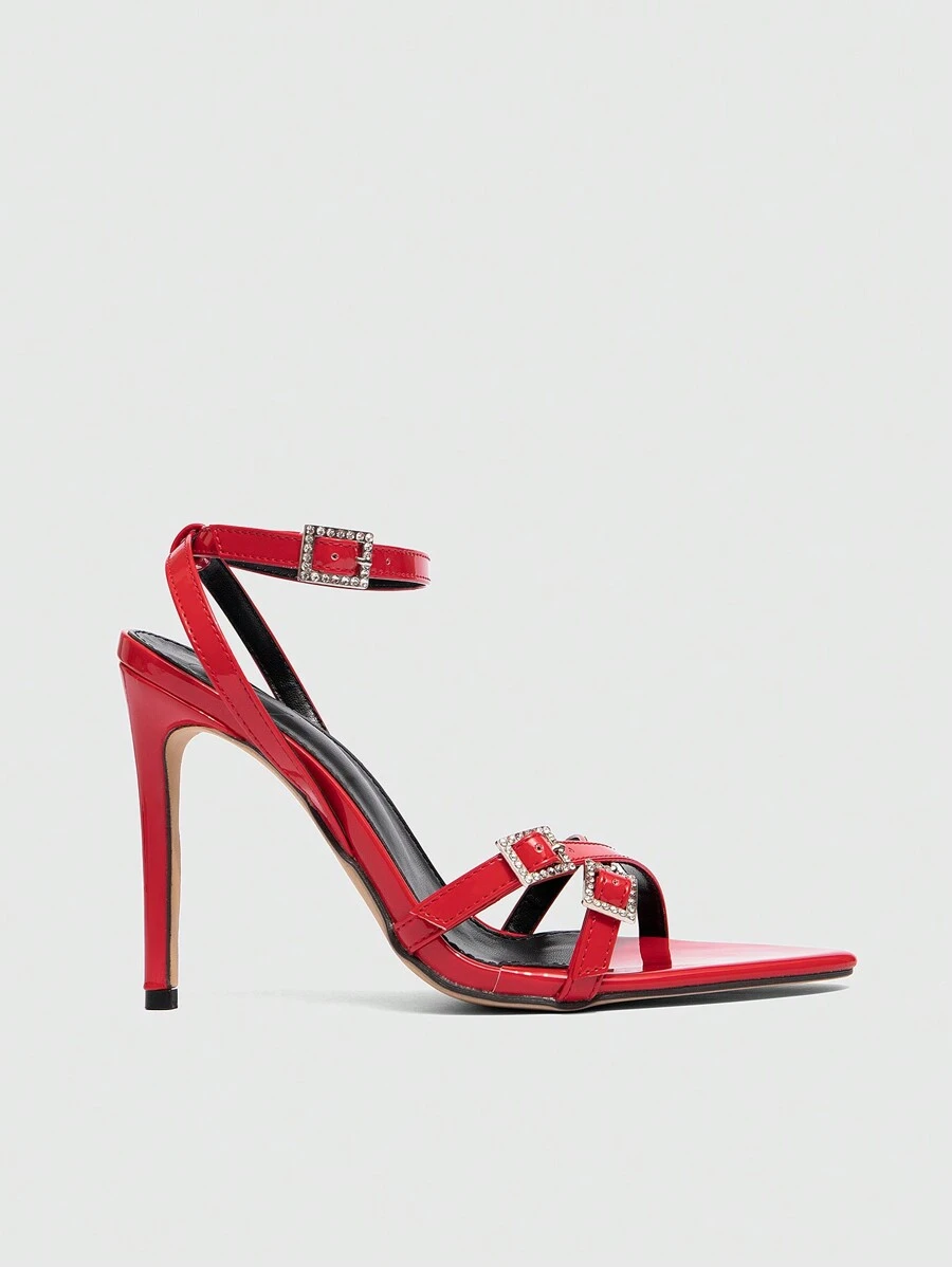 CUCCOO SZL Sexy Fashion Cross Strap With Rhinestone Buckle Decor Pointed Toe Stiletto High Heel Casual Versatile Open Toe Red Sandals For Women, Sexy For Date, Party For Christmas And New Year Holiday Vibe Fall And Winter