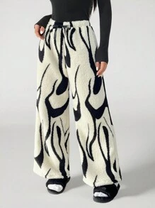 SHEIN PETITE Pantalones anchos y sueltos de pierna ancha con cintura de lazo y estampado de cebra casuales para mujer