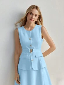 MOTF PREMIUM Vestido midi con botones delanteros, sin mangas y cinturón para mujer