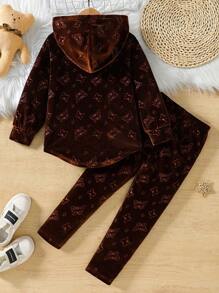 SHEIN Young Girl Navy Blue Velour Butterfly Embossed Hoodie & Pants Set - Coffee Brown - View 2