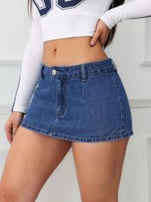 SHEIN ICON 女士牛仔 A 字裙，休闲时尚，适合日常穿着 - 深色水洗藍 - 查看 6