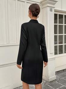 Chiquease Women's Decorative Button Shawl Collar Long Blazer With Pockets - Black - View 2