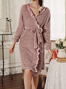 Ruffle Trim Plush Casual Women's Winter Robe - Mauve Purple - View 3