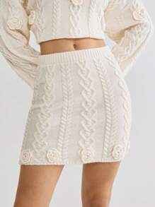 Enchnt Women 3D Floral Decor Solid Color Bodycon Mini Skirt - Beige - View 2