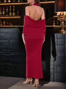 SHEIN Clasi 女士优雅挂脖露背吊带连衣裙新年服装长款女装 - 紅色 - 查看 2