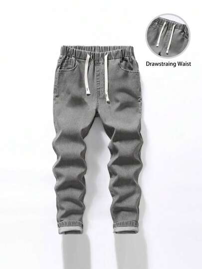 Young Boy Elastic Waist Adjustable Drawstring All-Match Casual Stretch Gray Denim Pants, School, Campus, College Summer Holiday