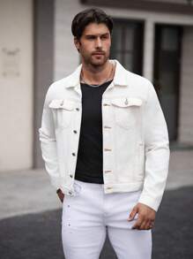 Manfinity Homme Men's Casual Versatile White Fitted Denim Jacket - Light Wash - View 5