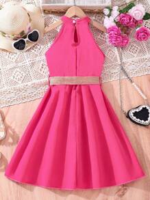 Cô gái Tween Chất rắn Halter Neck Đầm - Màu Hồng Tươi - Xem 2