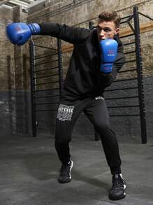 Manfinity Sport Corelite Freund-Stil Herren Pullover mit Kapuze und Schnürung, Langarm, Buchstaben-Muster, und Jogginghose, Sportanzug