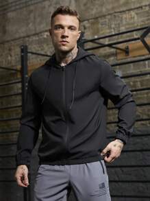 Manfinity Sport Corelite Boyfriend Style Heren Casual Effen Kleur Trekkoord Capuchon Sportjack, Actieve Kleding Lange Mouw Volledige Ritssluiting Sportjack